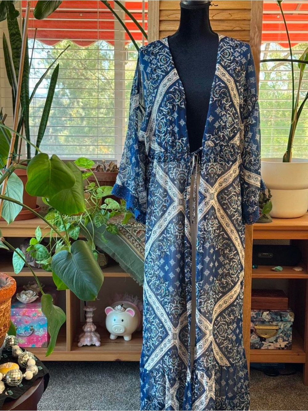Navy Blue Paisley Maxi Kimono Cardigan